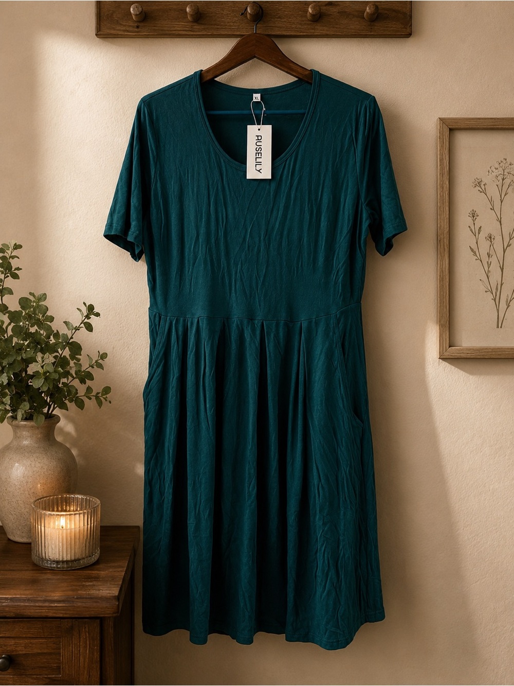 Emerald green casual dress XL 2 pockets NWT Auselily